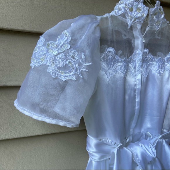 Vintage Sz-6 Long Flower Girl Wedding Dress, Elegant White Satin w/Bustle & Bow - Picture 12 of 16